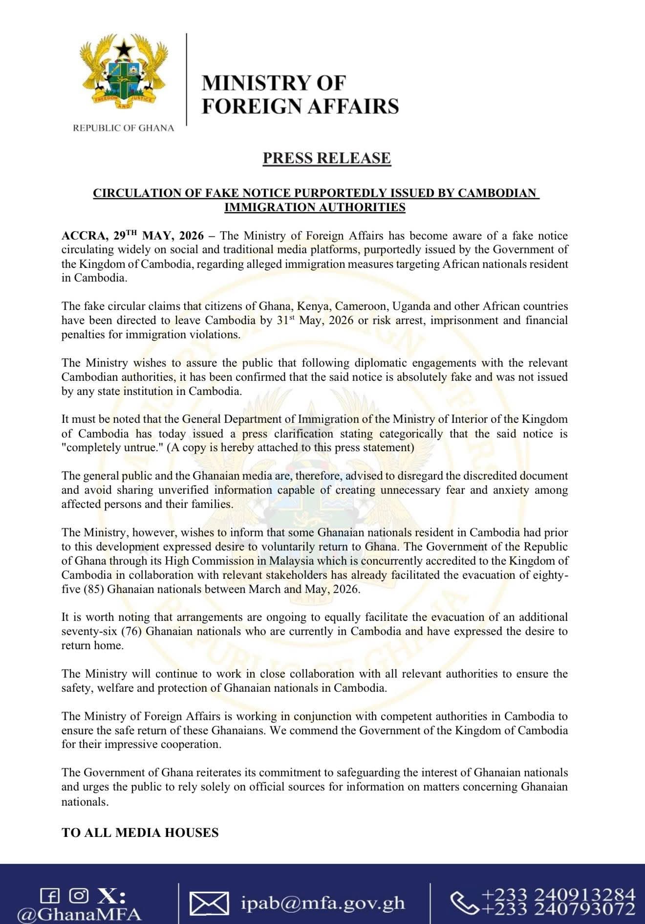 Foreign Ministry Debunks Fake Notice Claiming Ghanaians Asked to Leave Cambodia