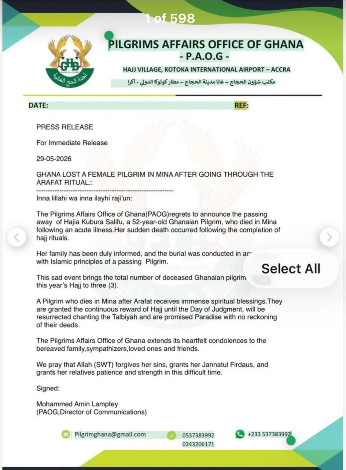 Another Ghanaian Pilgrim Dies in Saudi Arabia, Raising 2026 Hajj Death Toll to Three
