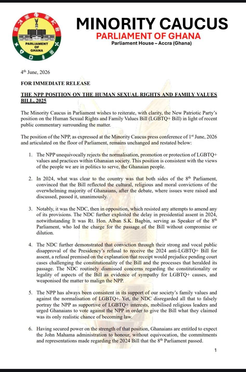 Minority Accuses NDC of “Breach of Faith” on Anti-LGBTQ+ Bill, Demands Assent to 2024 Version