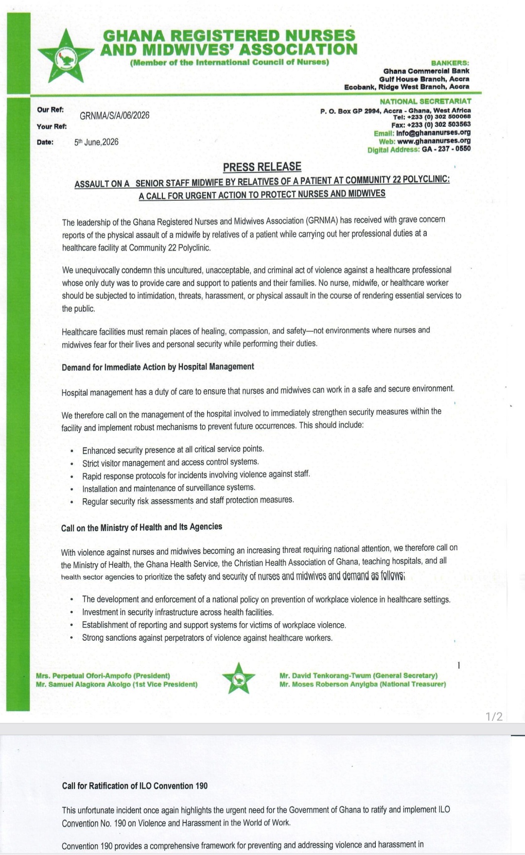 GRNMA Condemns Assault on Midwife at Community 22 Polyclinic, Pushes for Security Overhaul and ILO Convention Ratification