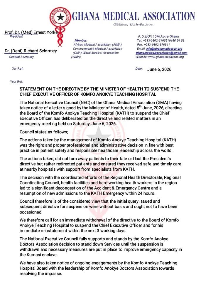 GMA Demands Reinstatement of KATH CEO, Backs Doctors’ Strike and Slams Health Minister