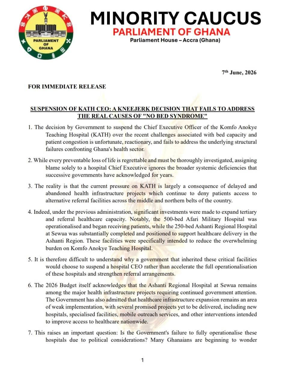 Minority Caucus Slams KATH CEO Suspension, Demands Reinstatement and Opening of New Hospitals