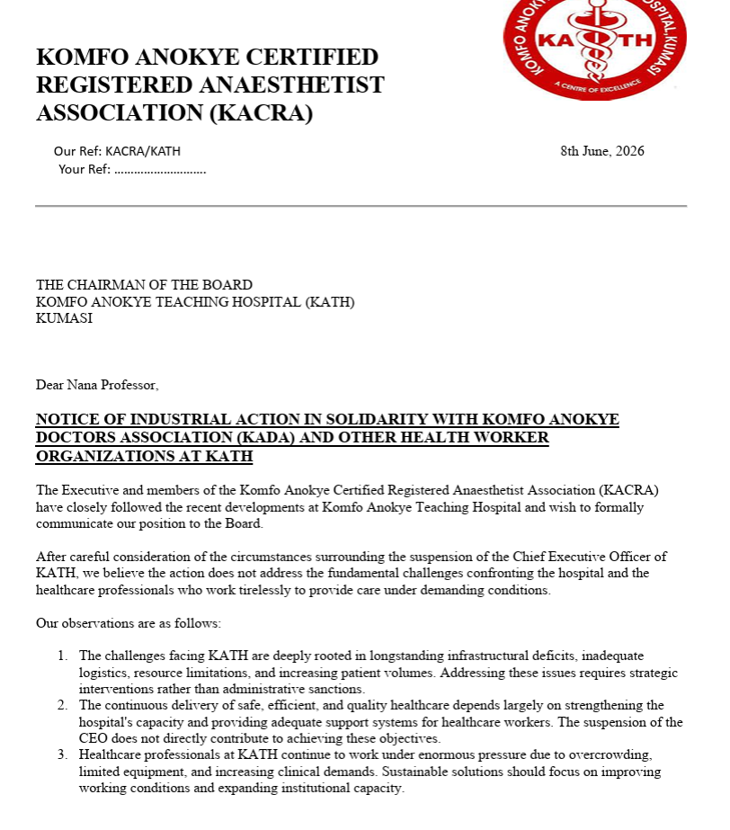 KATH Anaesthetists Threaten Strike, Say CEO Suspension Won’t Fix Hospital Woes