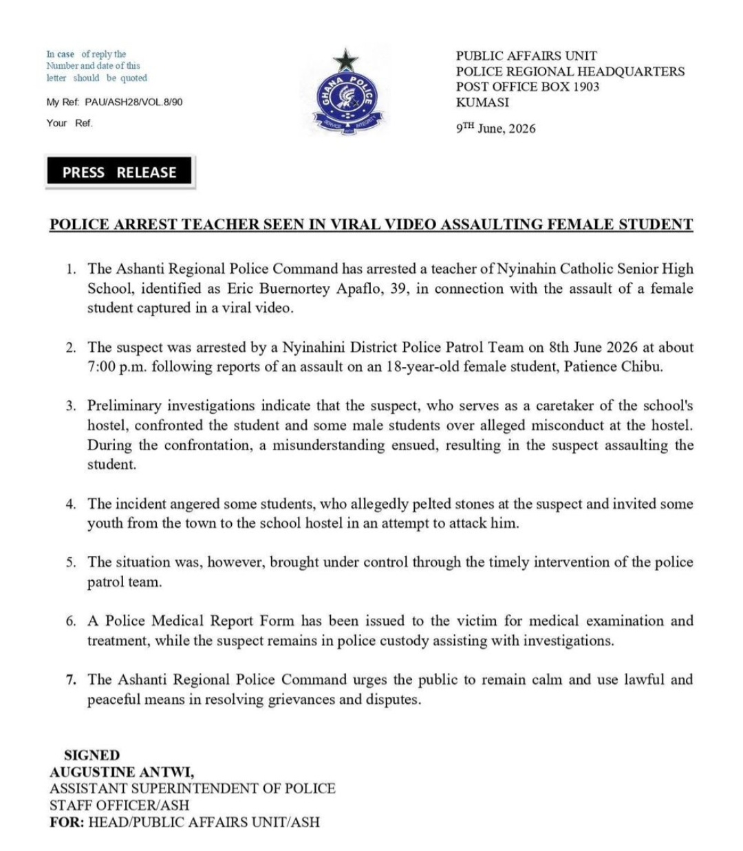 Police Arrest Nyinahin SHS Teacher Over Viral Assault of Female Student