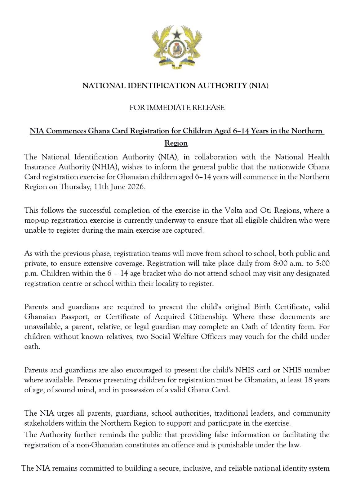 NIA Commences Ghana Card Registration for Children Aged 6-14 Years in the Northern Region