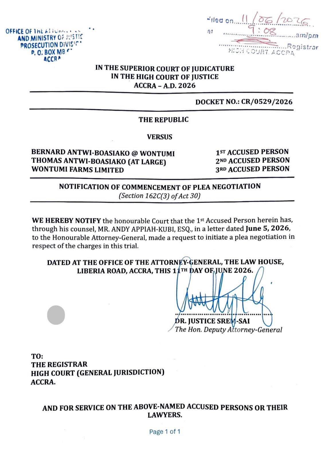 Wontumi Seeks Plea Bargain in Exim Bank Case — A-G Notifies Court