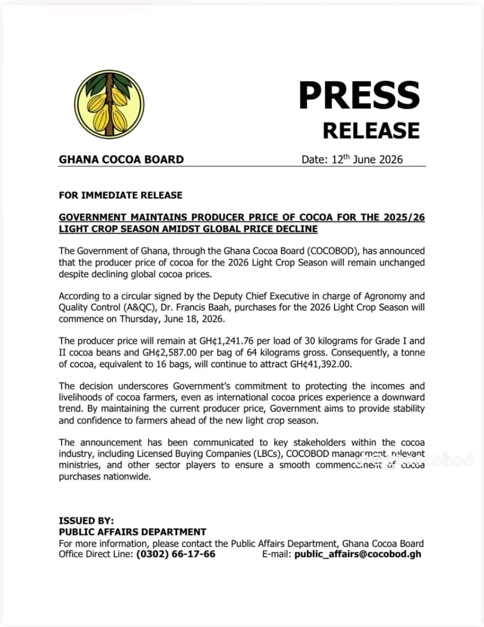 Gov’t Keeps Cocoa Producer Price Unchanged for 2026 Light Crop Season Despite Global Decline