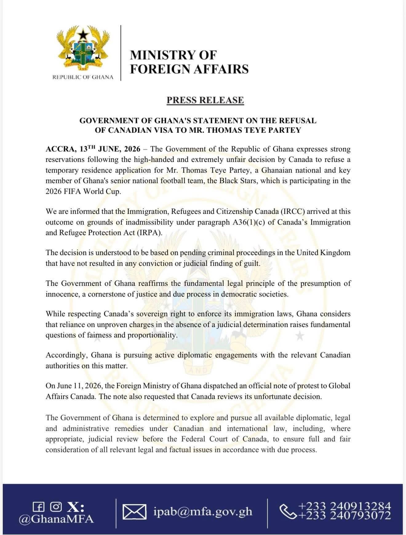 Ghana government Protests Canada’s “Unfair” Visa Refusal for Thomas Partey, Cites Presumption of Innocence
