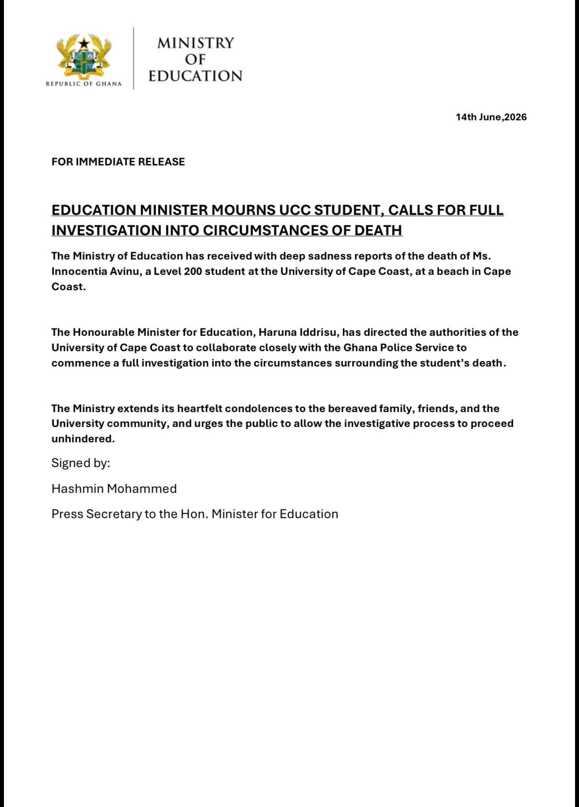 Education Minister Haruna Iddrisu Demands Probe Into Death of UCC Student at Cape Coast Beach