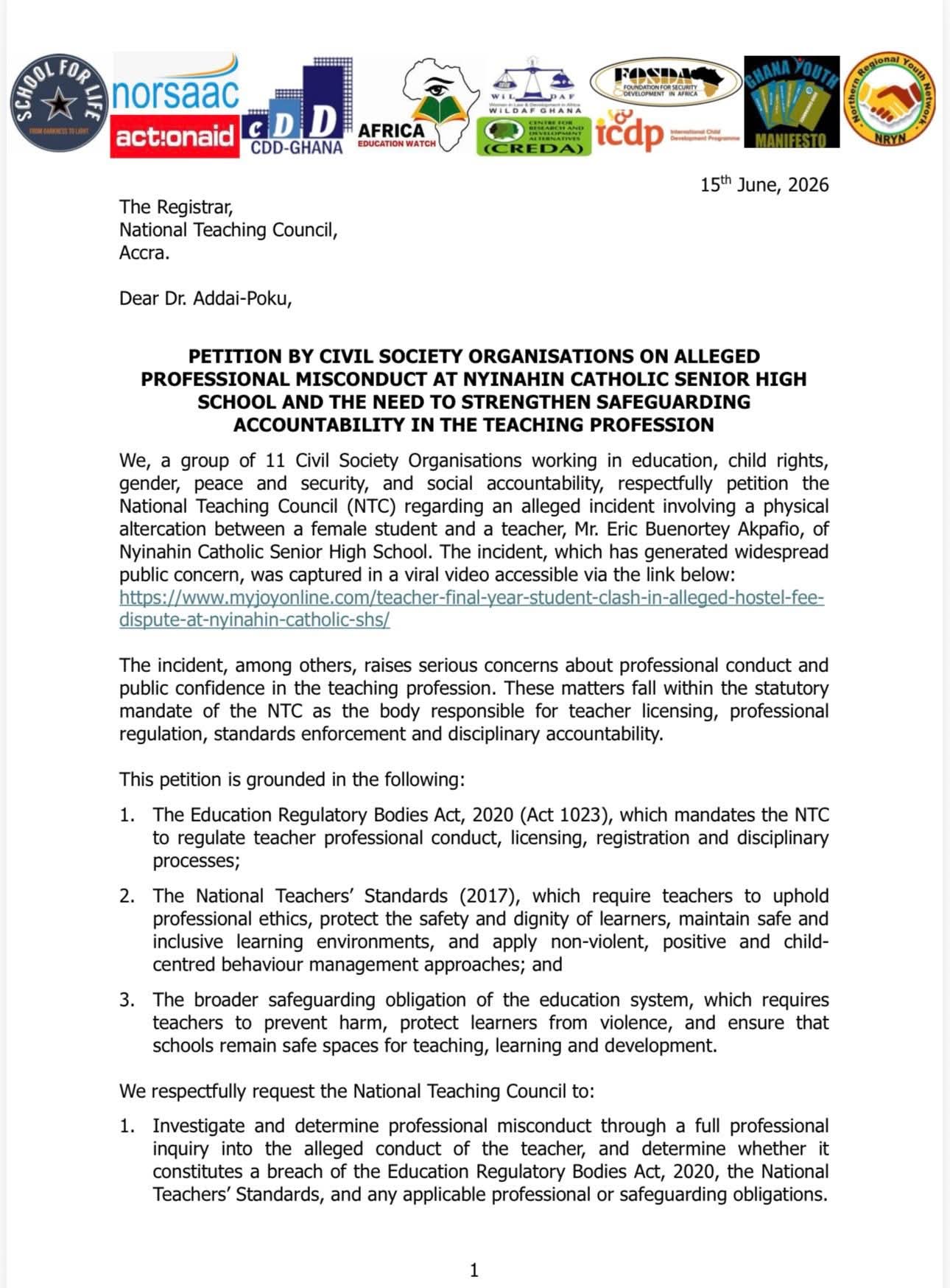 11 CSOs Petition NTC Over Alleged Teacher-Student Altercation at Nyinahin Catholic SHS