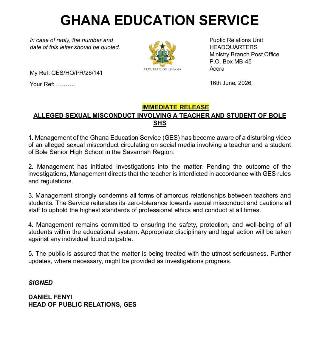 GES Interdicts Bole SHS Teacher Over Alleged Sexual Misconduct With Student