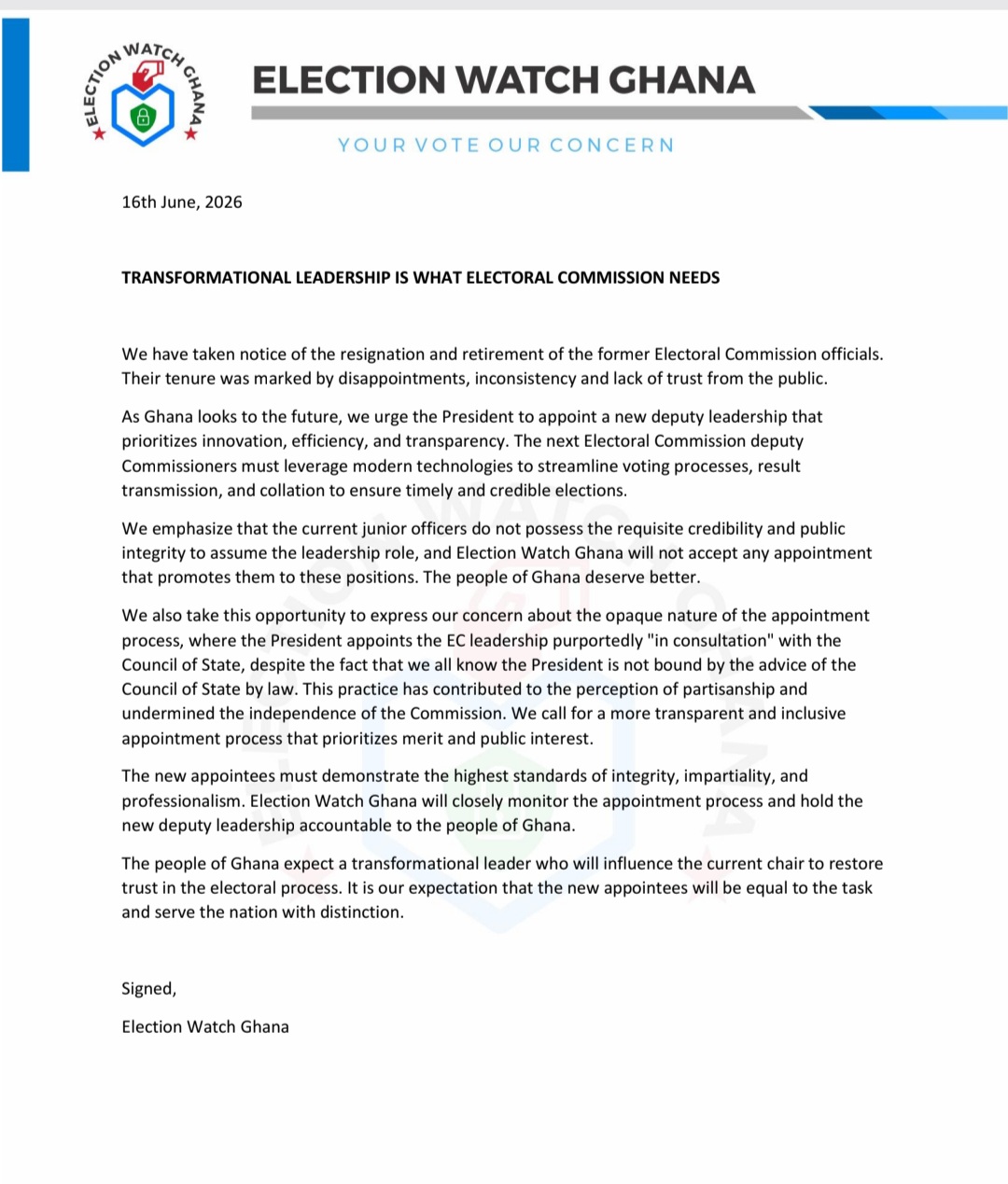 Election Watch Ghana Demands Transparent Appointment of New EC Deputies, Rejects Junior Officers for Top Roles
