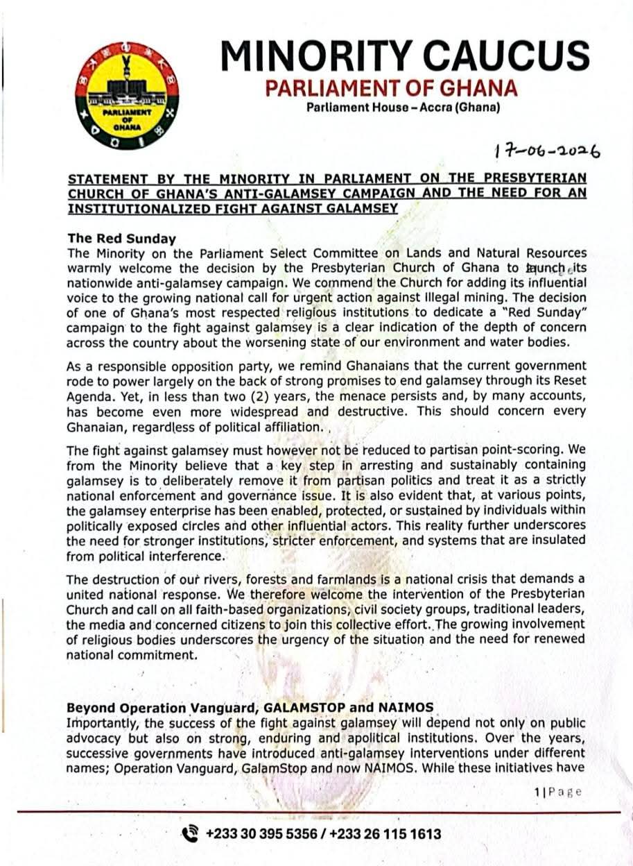 Minority Backs Presbyterian Church’s ‘Red Sunday’ Anti-Galamsey Push, Demands Legal Framework for NAIMOS