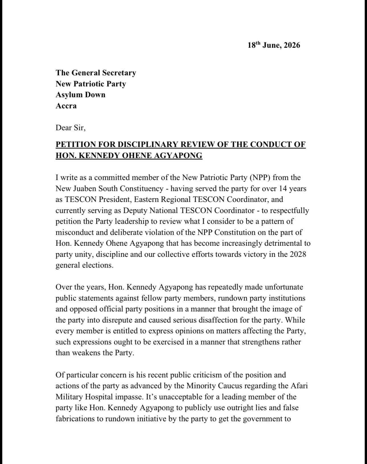 NPP TESCON Deputy National Coordinator Petitions Party to Discipline Kennedy Agyapong Over “Lies,” 2028 Boycott Threat