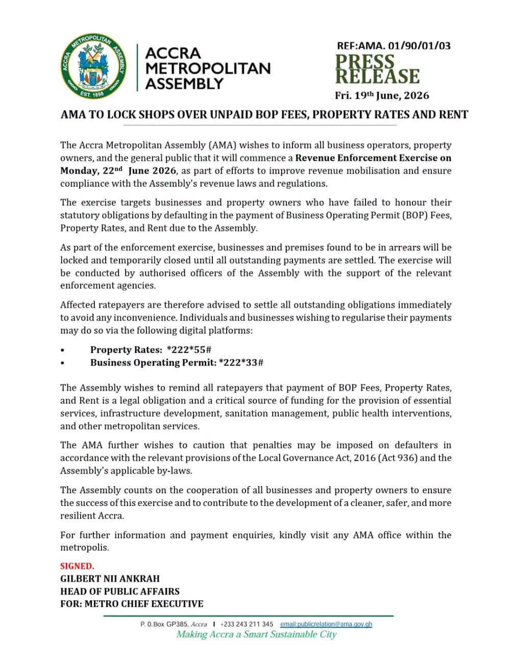 AMA to Shut Down Defaulting Shops From Monday Over Unpaid Fees and Rates