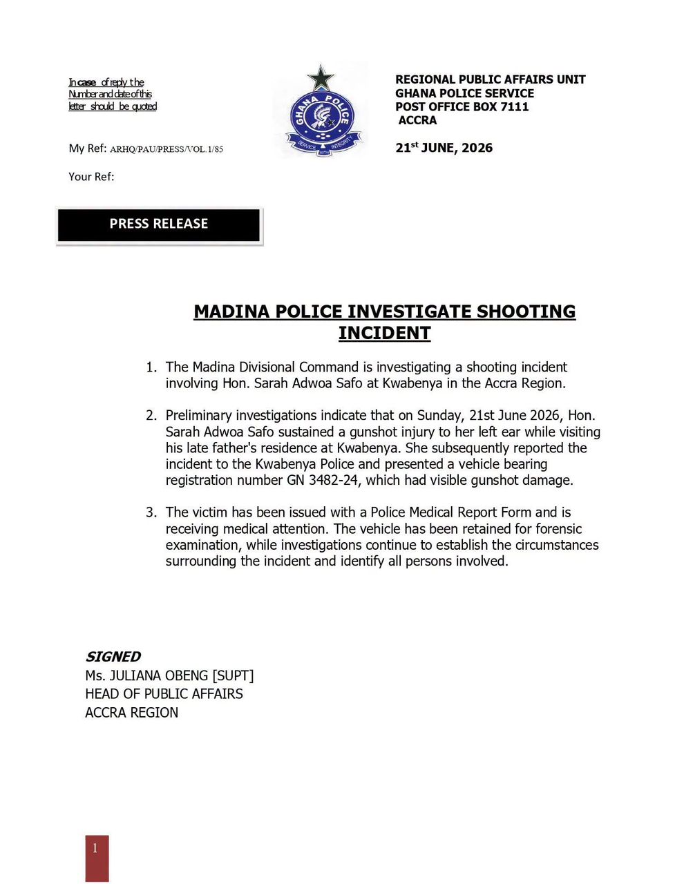 Police Confirm Shooting Incident Involving Adwoa Safo at Kwabenya
