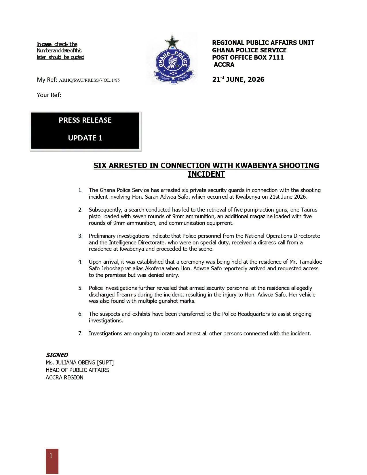 Police Arrest Six Guards Over Kwabenya Shooting Involving Adwoa Safo