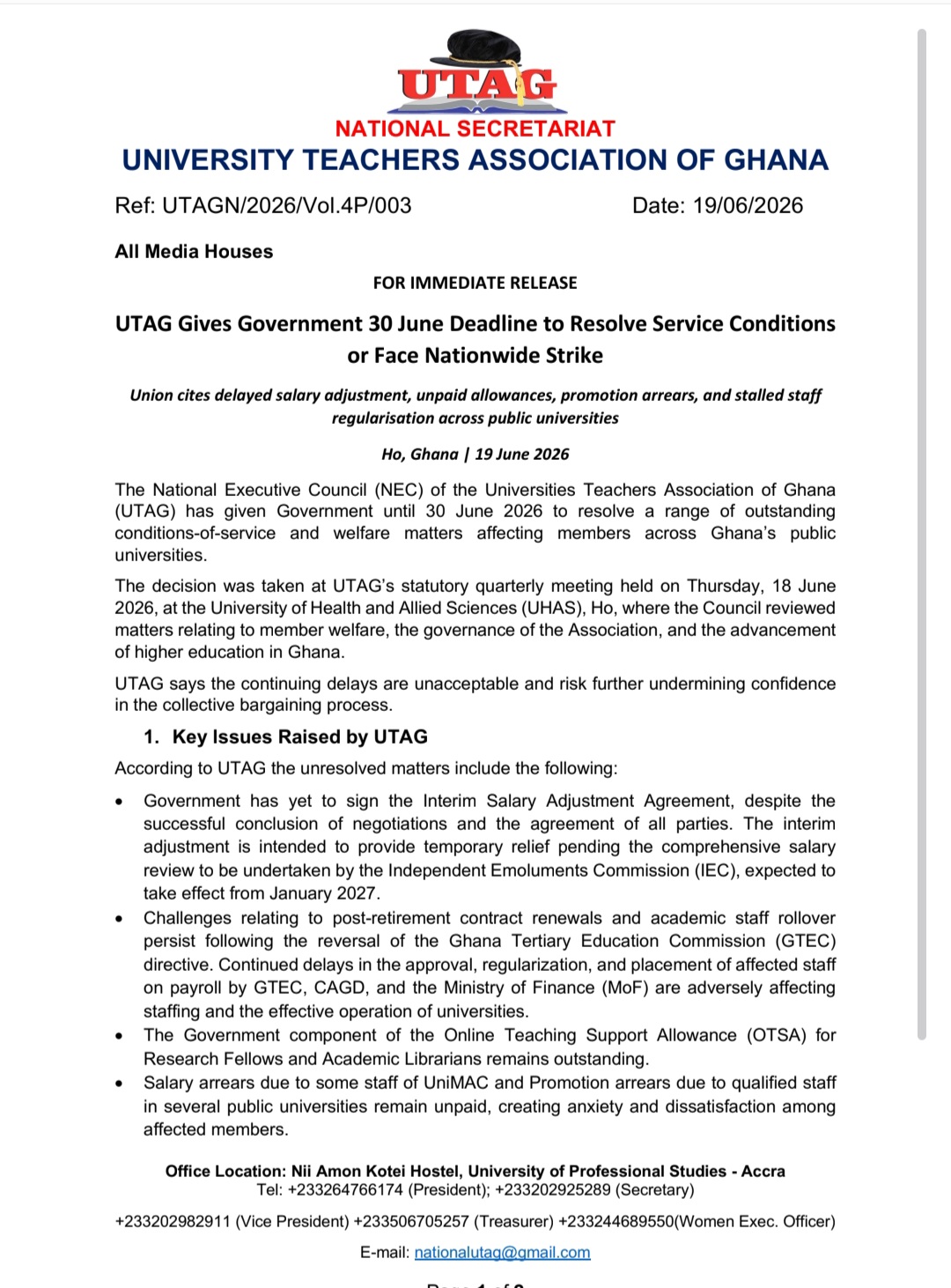 UTAG Gives Government June 30 Deadline to Resolve Service Conditions or Face Strike