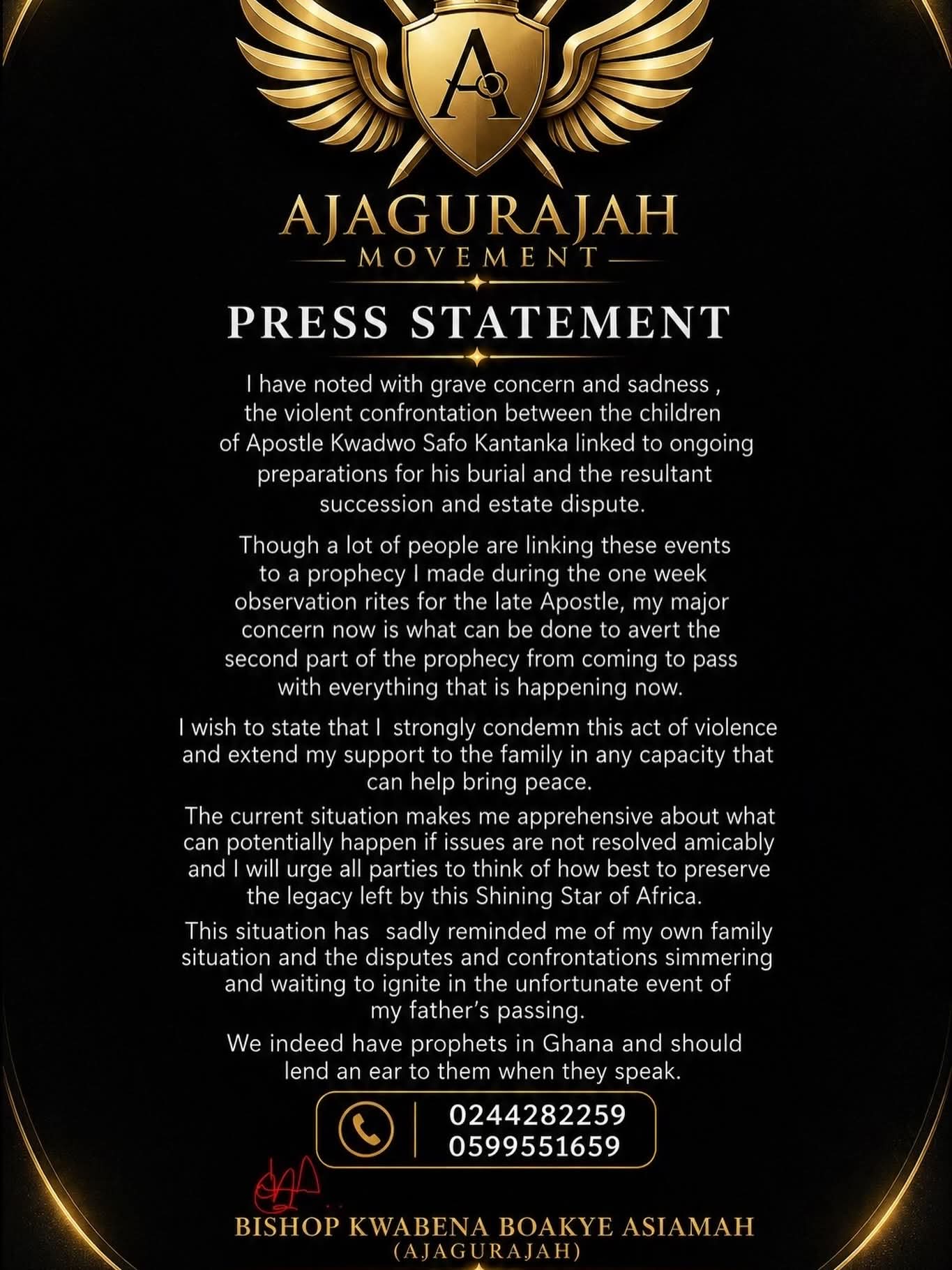 Ajagurajah Condemns Violent Clash Among Apostle Safo Kantanka’s Children, Calls for Peace