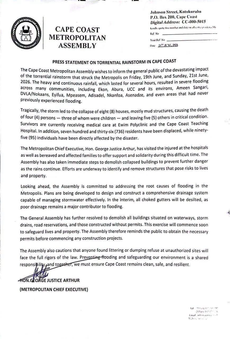 5 Houses Collapse, Four Deaths: Cape Coast MCE Details Flooding Situation in Central Region Capital