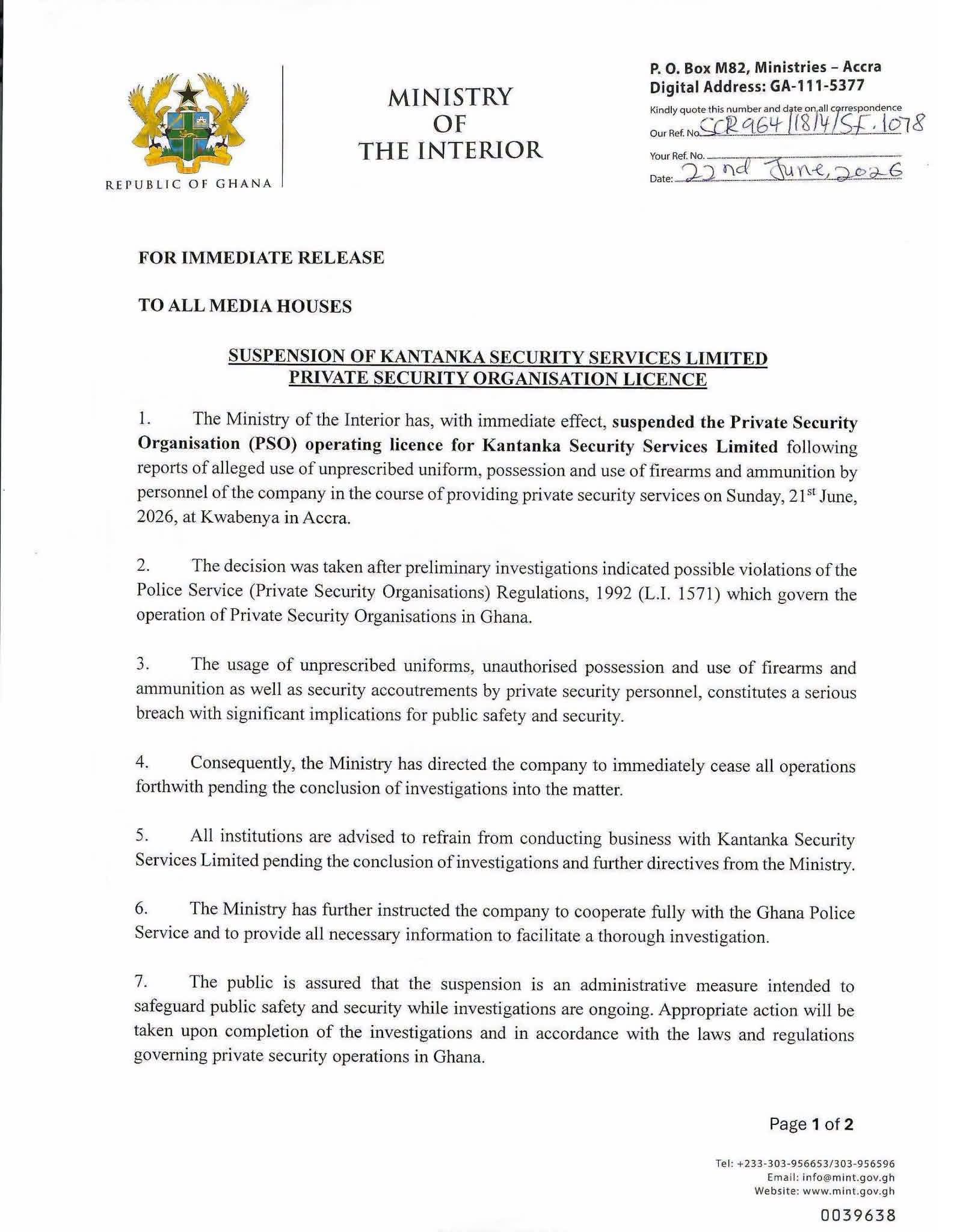 Interior Ministry Suspends Kantanka Security Services Over Firearm, Uniform Violations