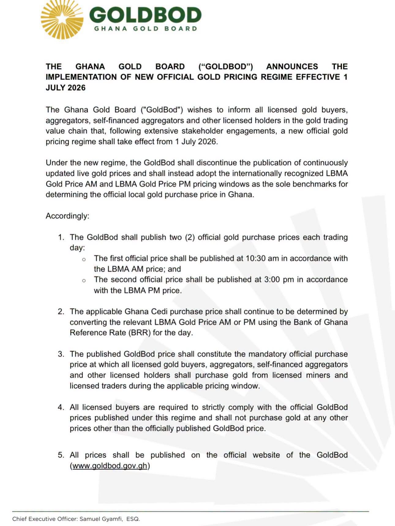 GoldBod Announces New Official Gold Pricing Regime Effective July 1