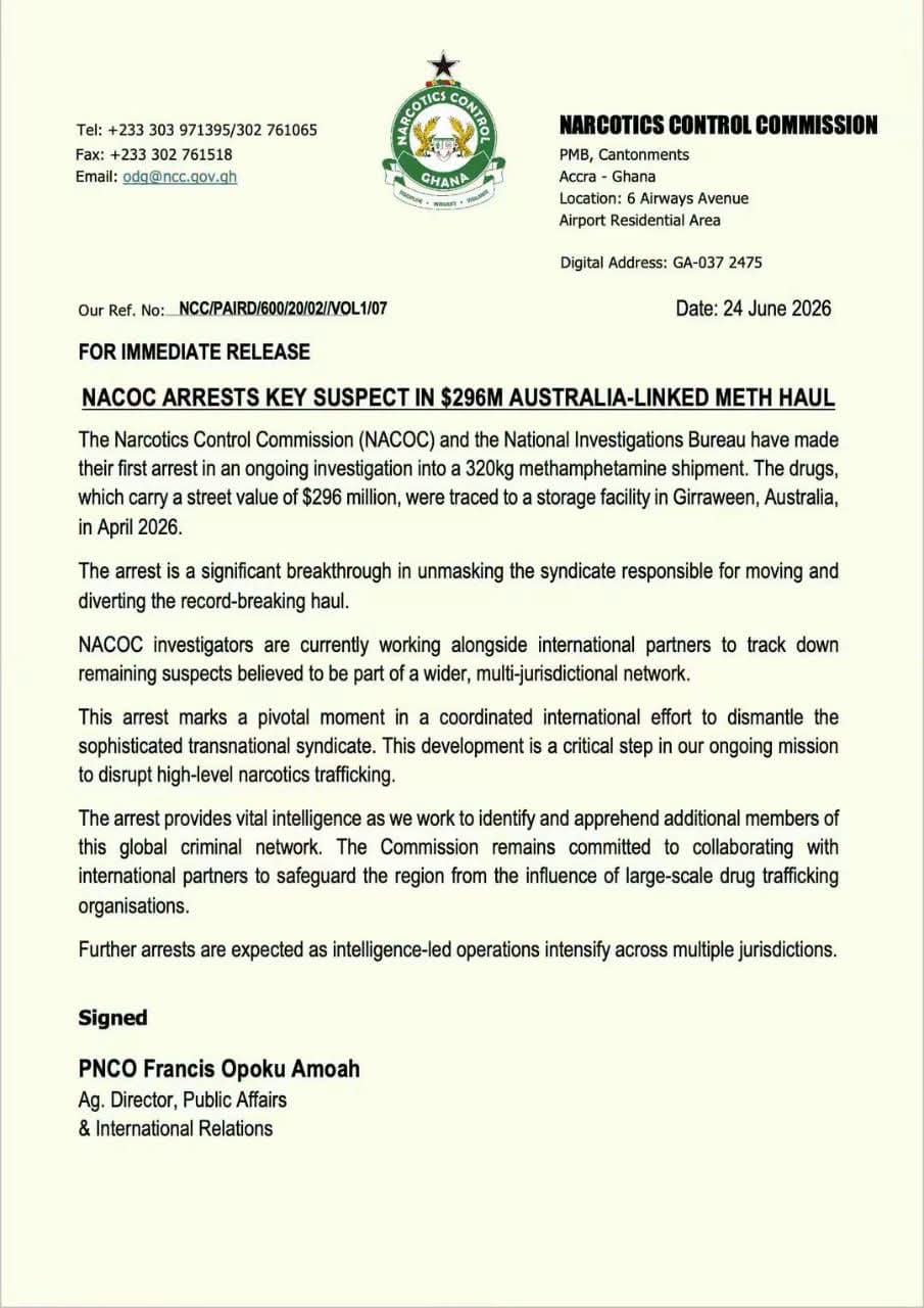 NACOC Arrests Key Suspect in $296M Australia-Bound Meth Bust
