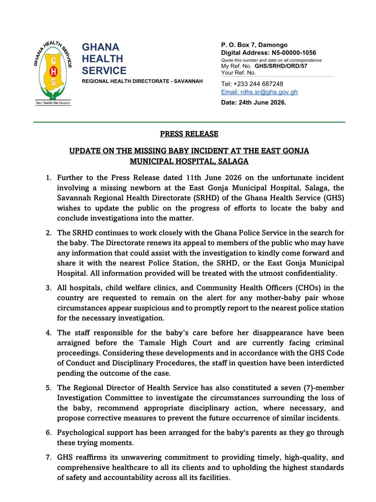 “Come Forward”: GHS Appeals for Public Help to Find Missing Baby From Salaga Hospital, Puts All Clinics Nationwide on Alert for Suspicious cases