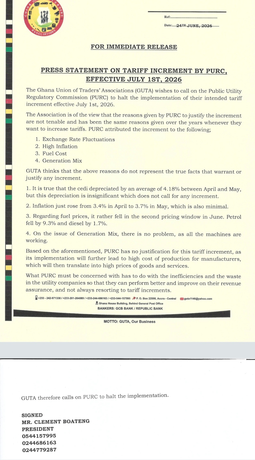 GUTA Demands PURC Freeze July 2026 Utility Tariff Hikes, Says Reasons “Untenable”