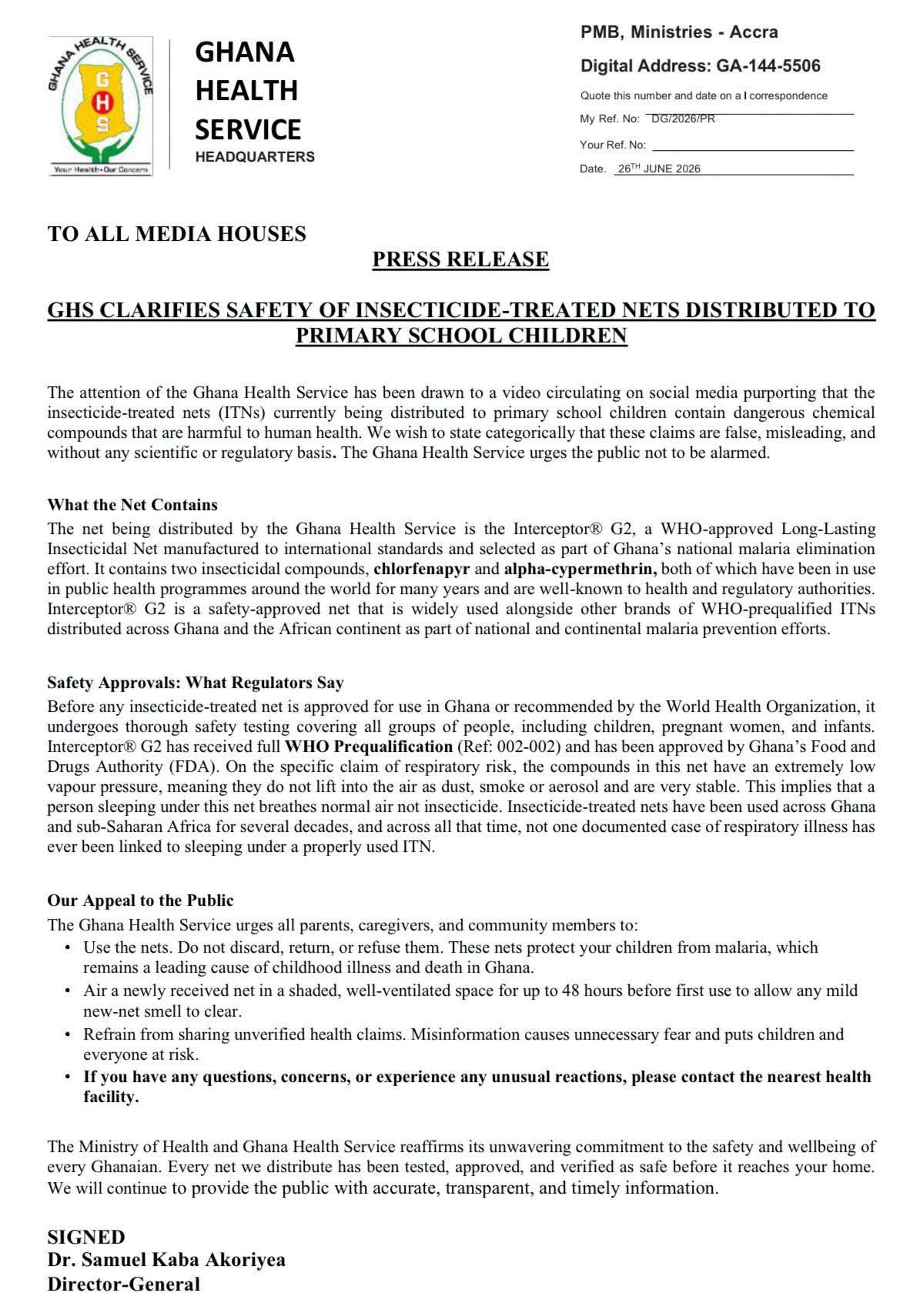 GHS Dismisses Viral Video Claims, Says School Malaria Nets Are Safe