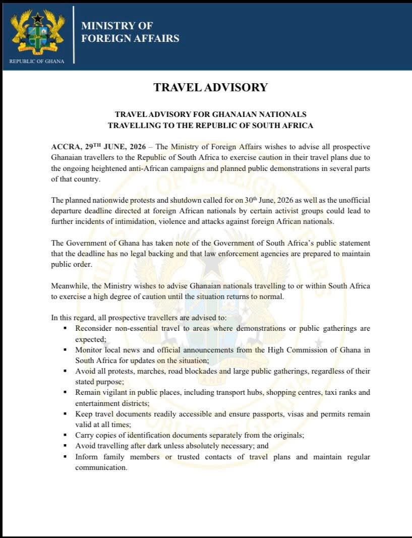 Ghana Issues Travel Advisory for Nationals in South Africa Over Planned Protests