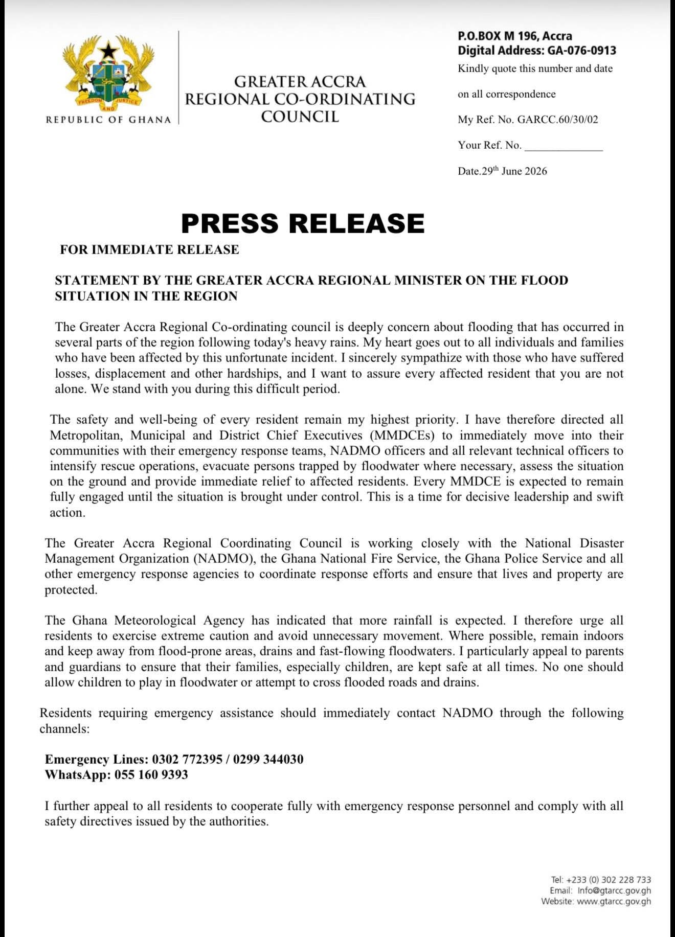 Accra Regional Minister Orders Swift Flood Response, Urges Residents to Stay Safe
