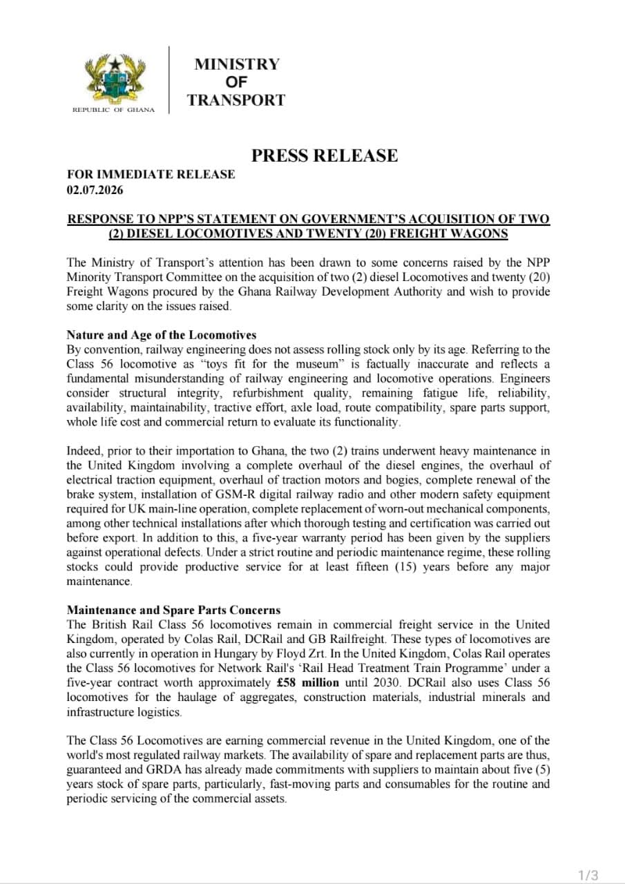 Ministry of Transport Defends Acquisition of 2 Diesel Locomotives, 20 Freight Wagons, Slams NPP’s ‘Misleading’ Claims