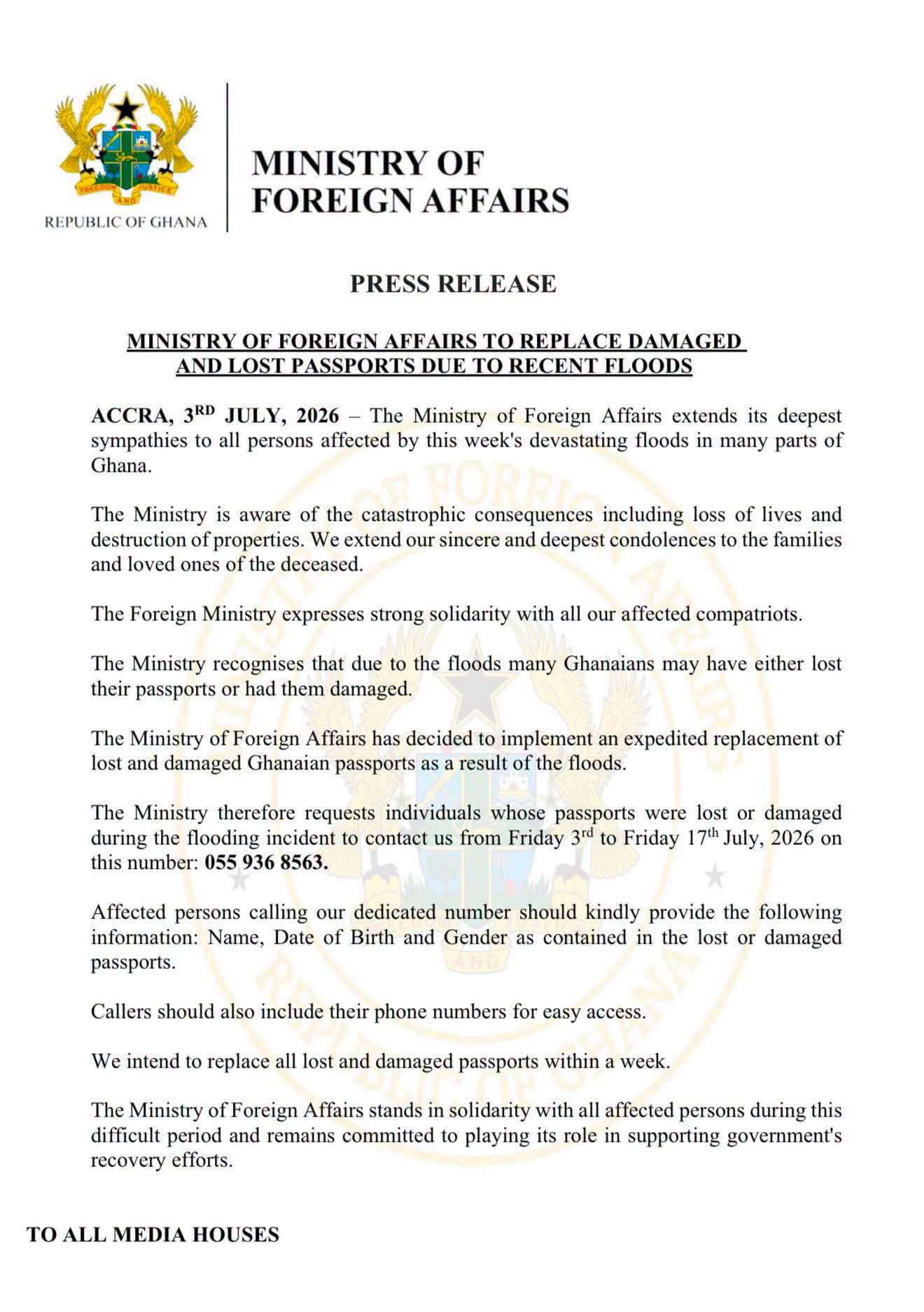 Foreign Affairs Ministry to Replace Flood-Damaged Passports Within a Week