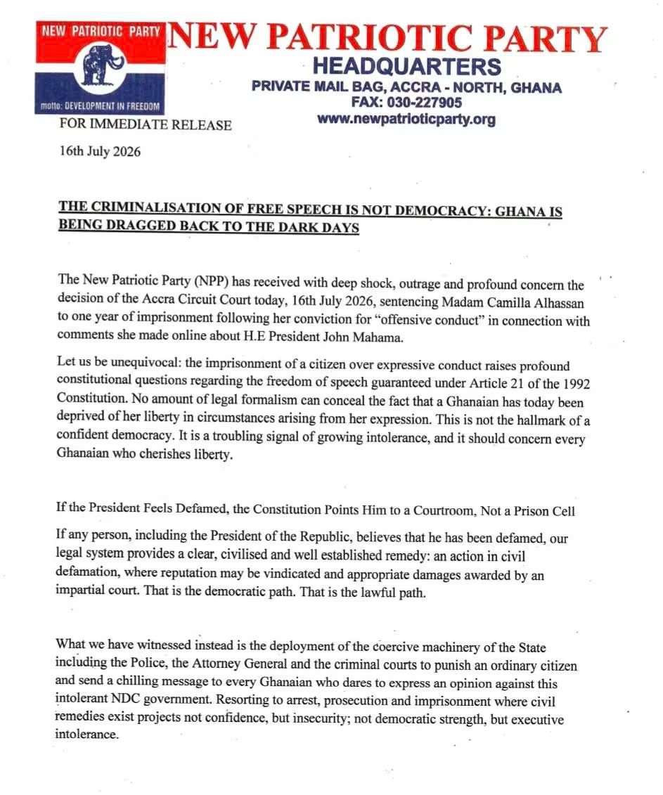 NPP Condemns Jailing of Camilla Alhassan, Calls It Attack on Free Speech