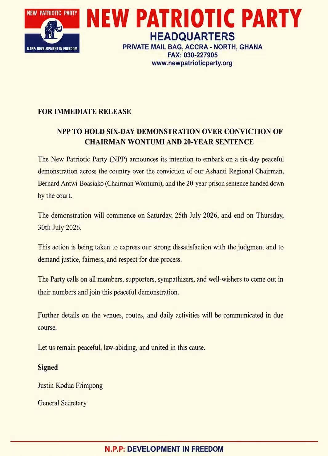 NPP Announces 6-Day Nationwide Demonstration Over Wontumi’s Conviction And 20-Year Sentence