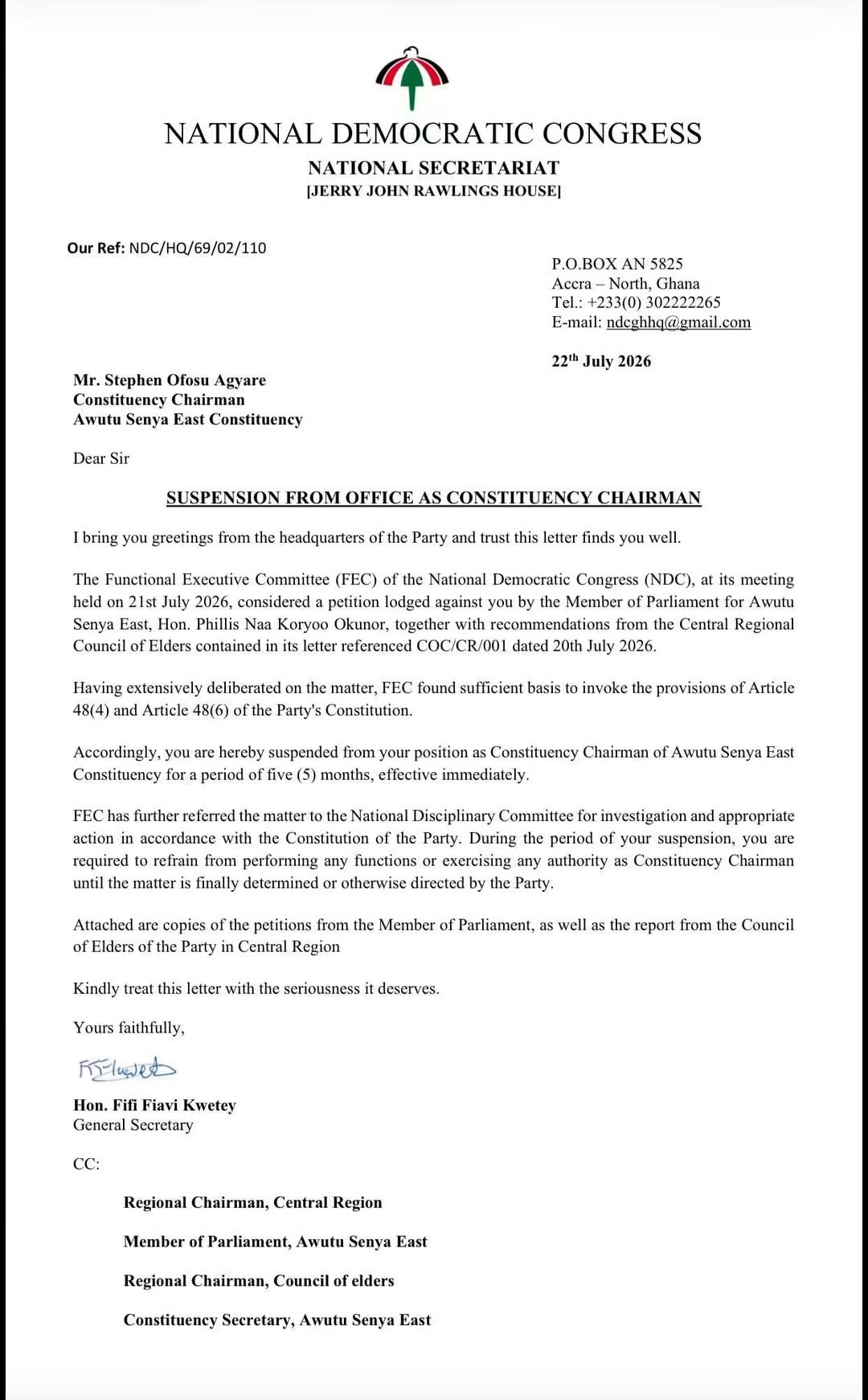 NDC Suspends Awutu Senya East Constituency Chairman for 5 Months Over Petition
