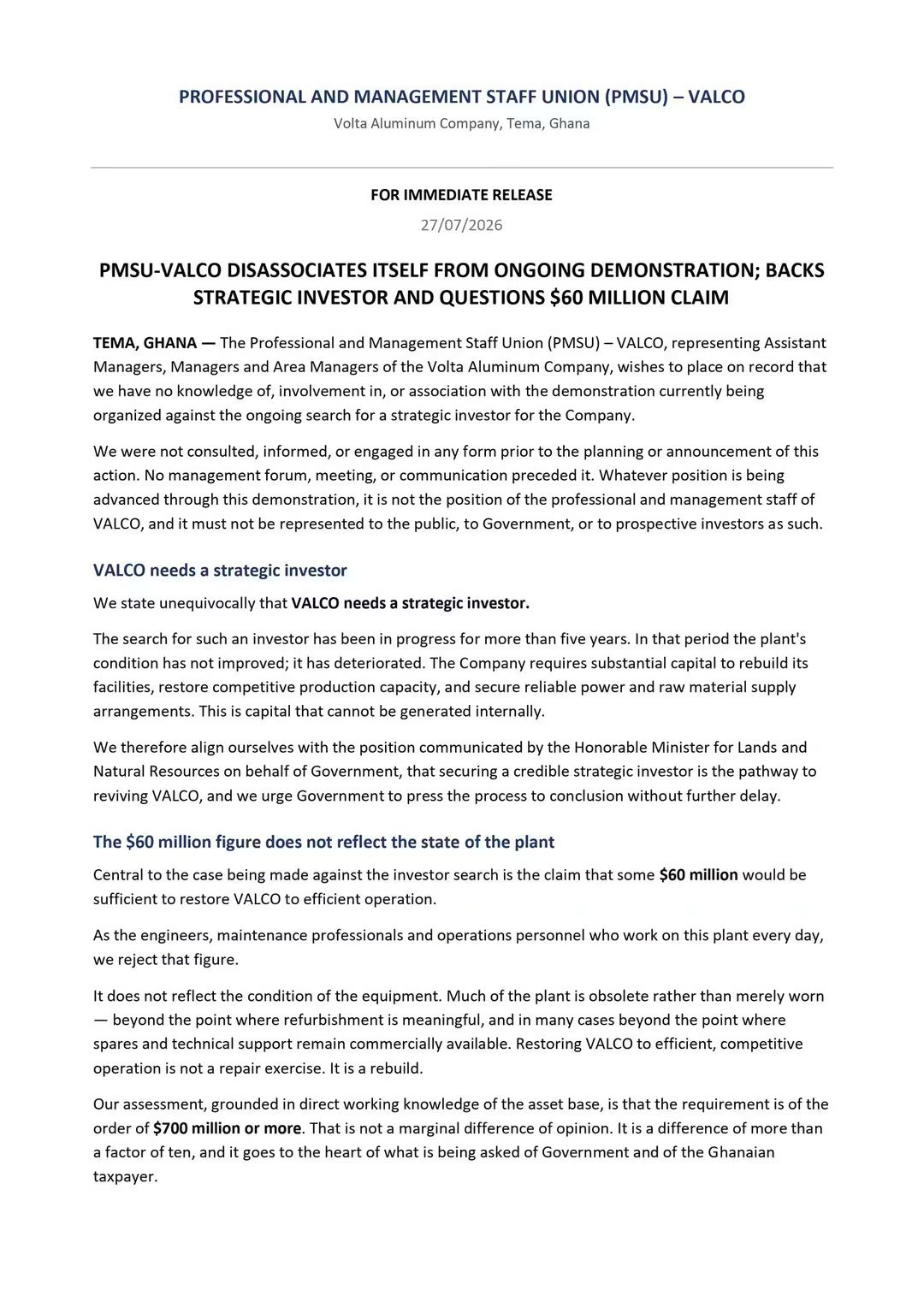 PMSU-VALCO distances itself from anti-investor protest, backs strategic partner for company