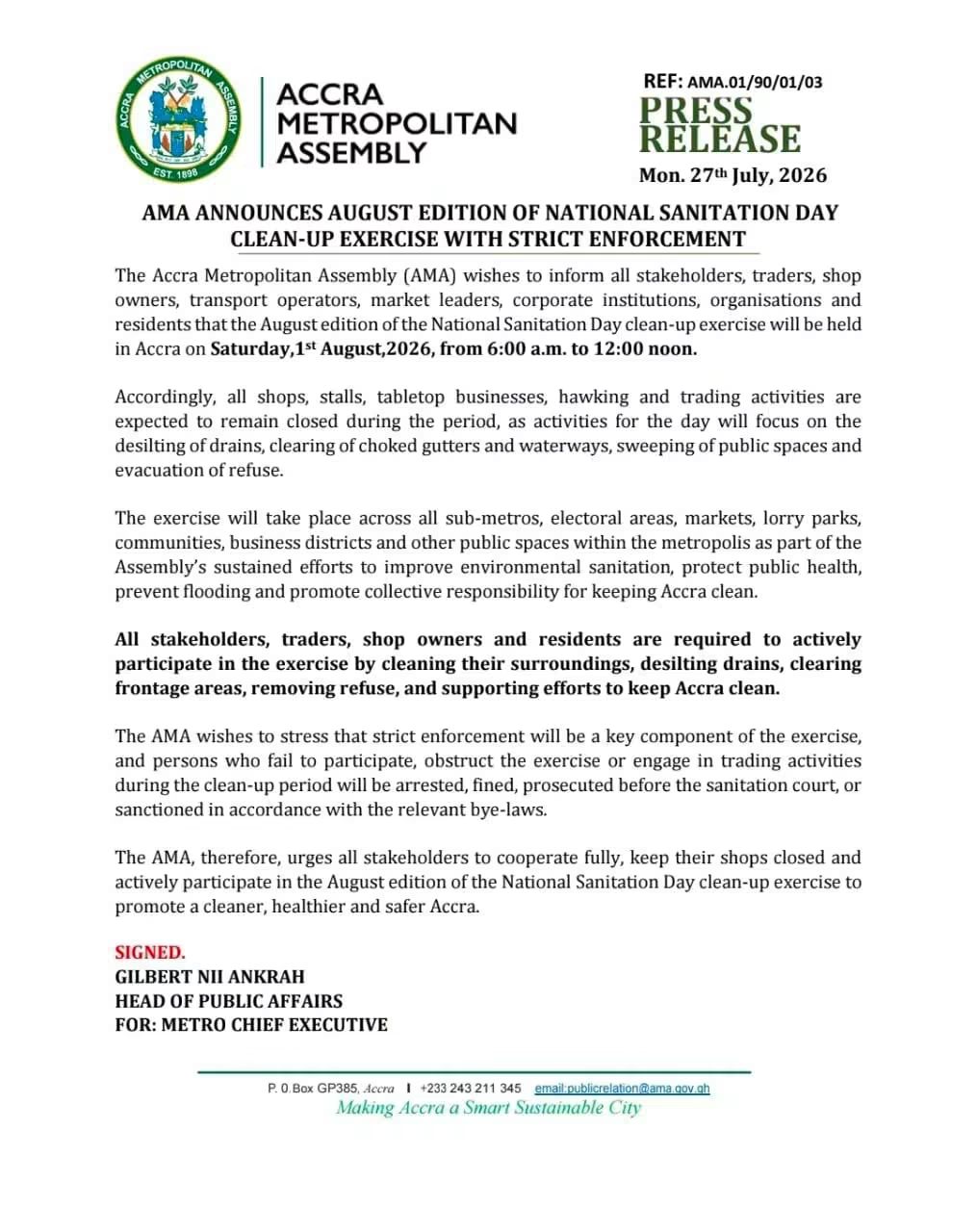 AMA announces August edition of National Sanitation Day with strict enforcement