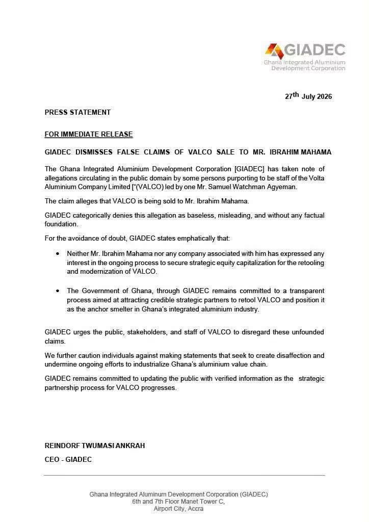 GIADEC dismisses claims of VALCO sale to Ibrahim Mahama