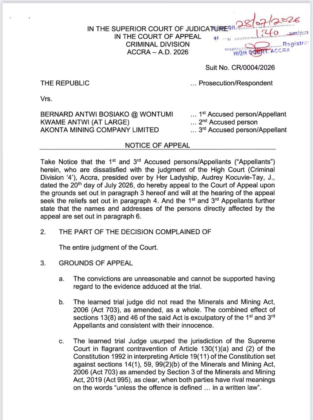 Wontumi Appeals Conviction, Cites Unreasonable Judgment and Jurisdictional Error