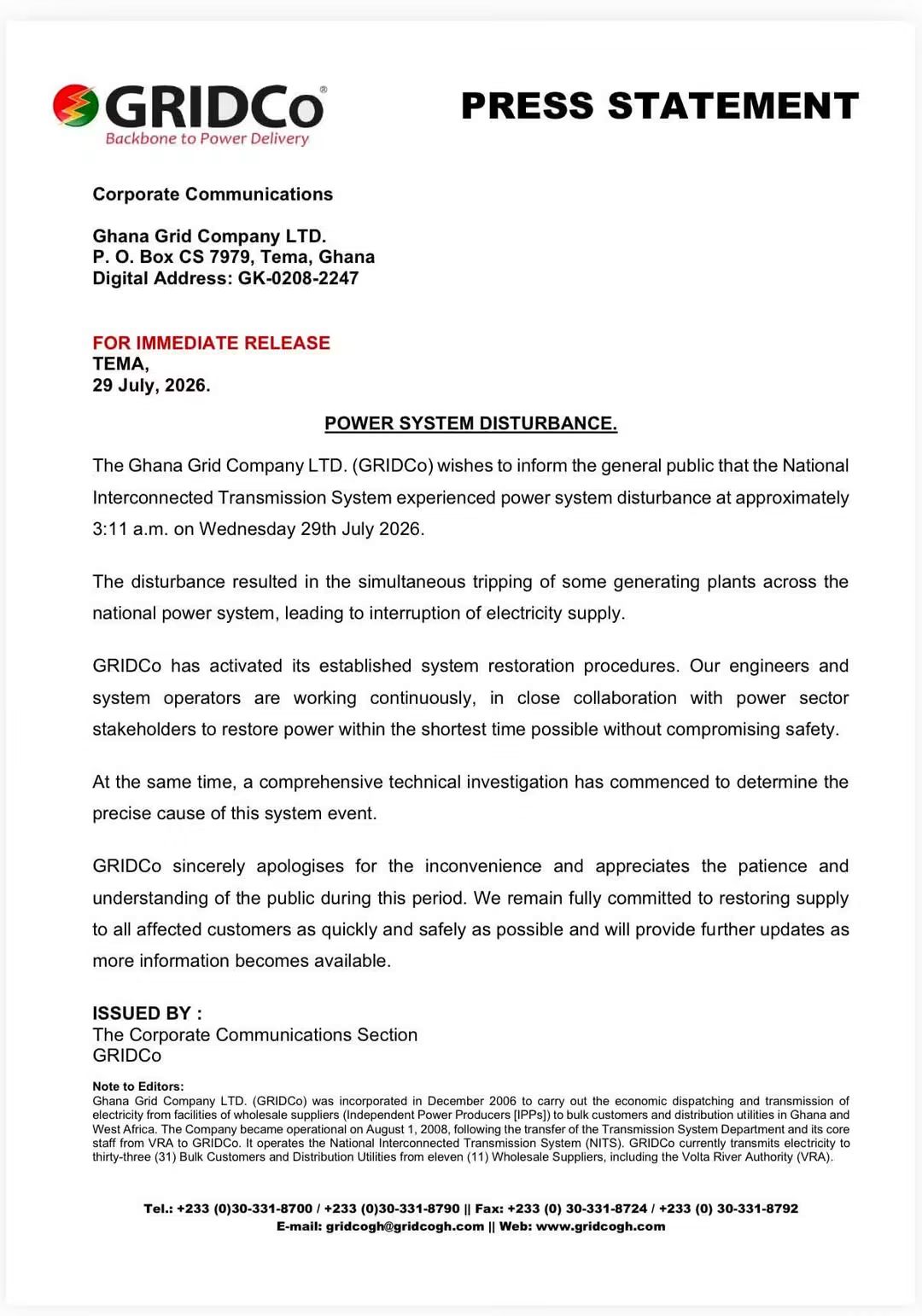 GRIDCo Reports Nationwide Power System Disturbance, Restoration Underway