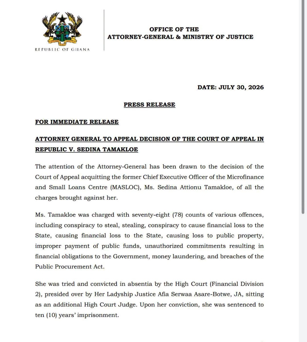 Attorney-General to Appeal Court of Appeal Decision Acquitting Former MASLOC CEO Sedina Tamakloe
