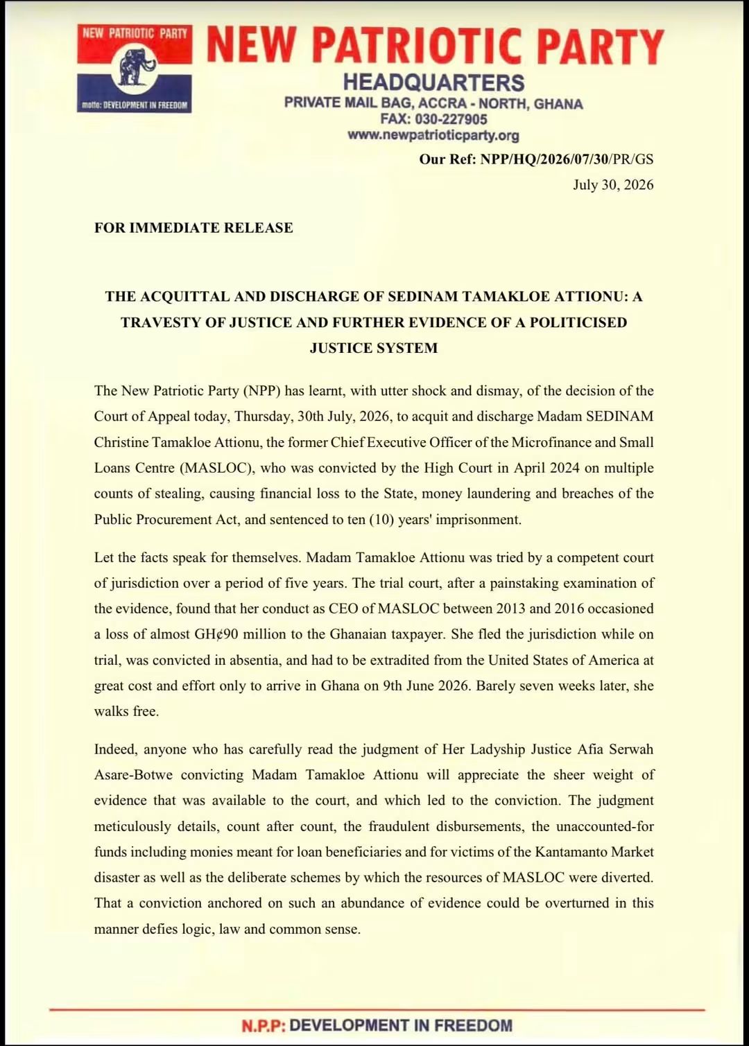 NPP Describes Acquittal of Former MASLOC CEO as “Travesty of Justice” and Evidence of Politicised Judiciary