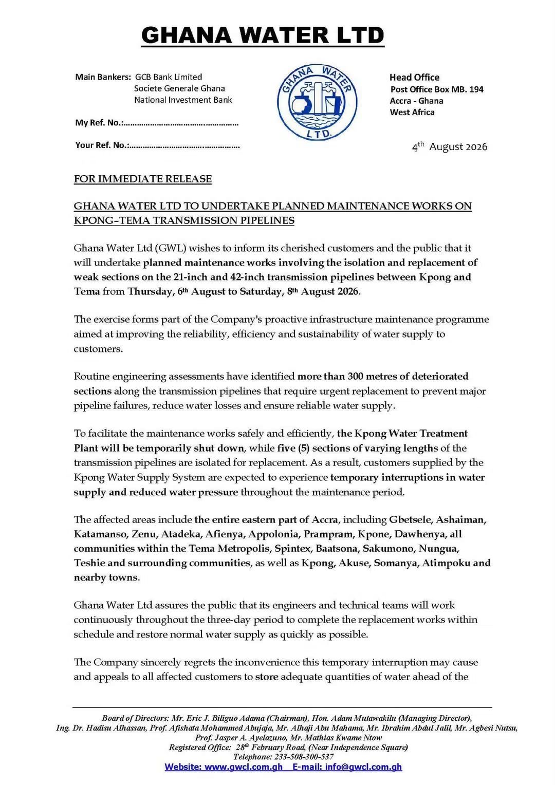 Ghana Water LTD to undertake planned maintenance works on Kpong–Tema transmission pipelines.
