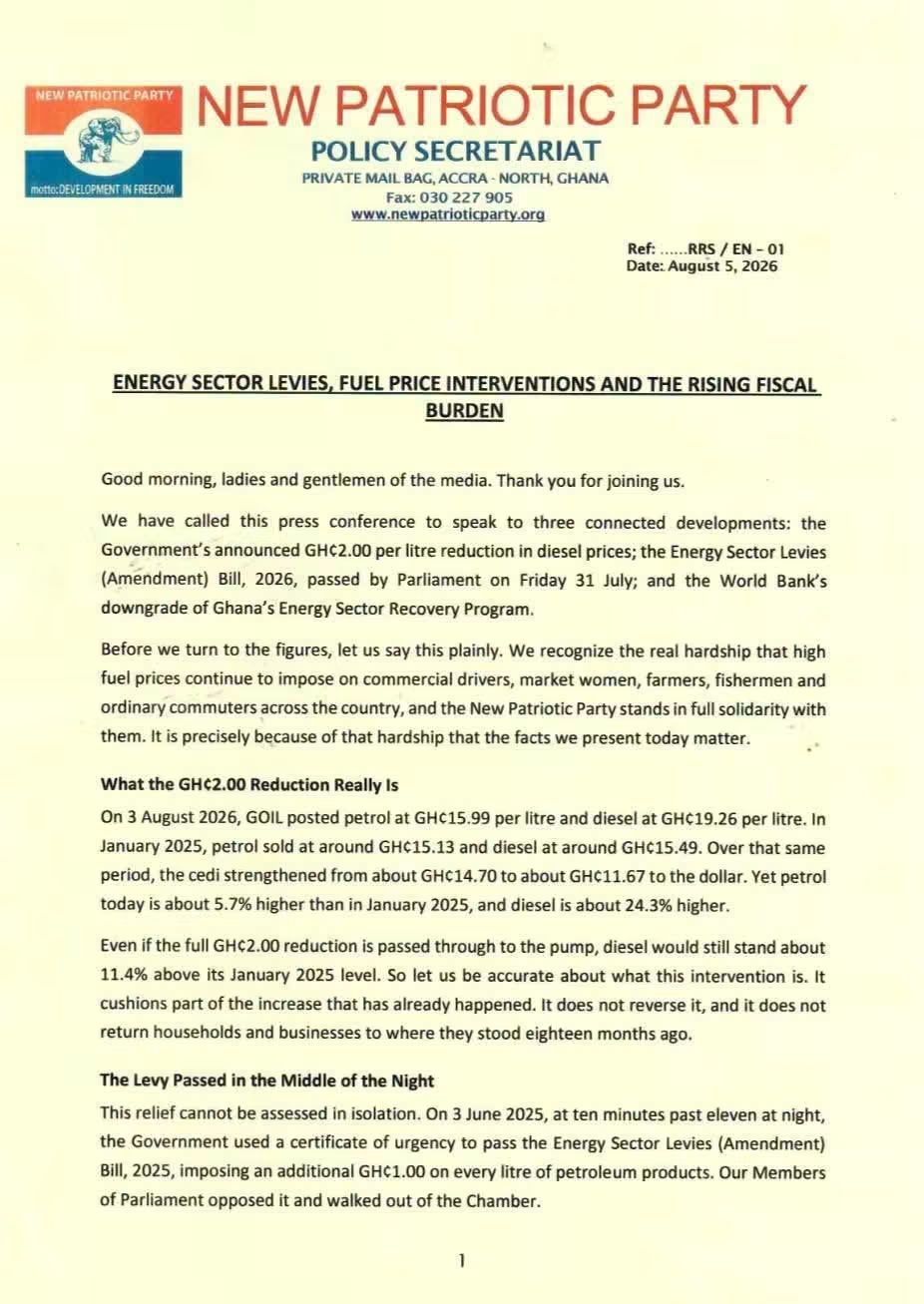 NPP questions GH₵2 diesel cut, says fuel prices still higher than January 2025