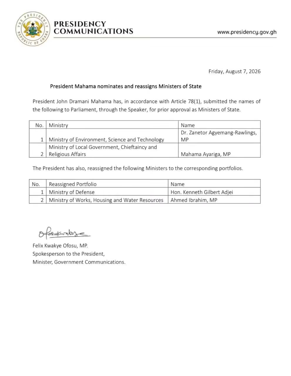 President Mahama Nominates Zanetor Rawlings, Mahama Ayariga as Ministers in Latest Reshuffle