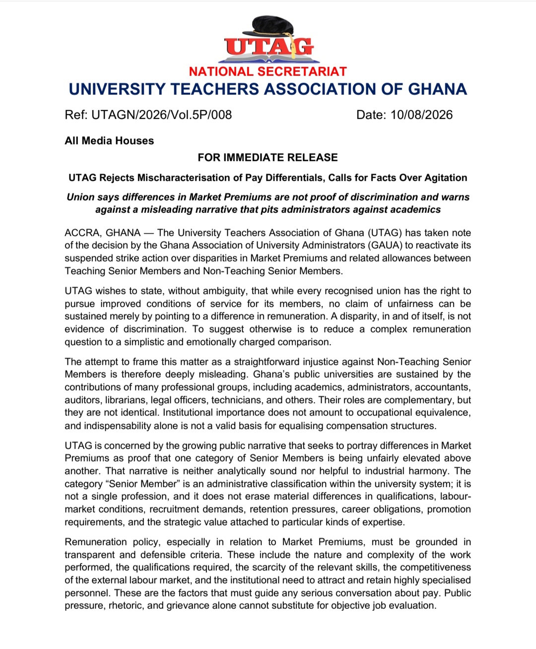 UTAG Rejects Claims of Pay Discrimination, Calls for Evidence-Based Review of University Salaries