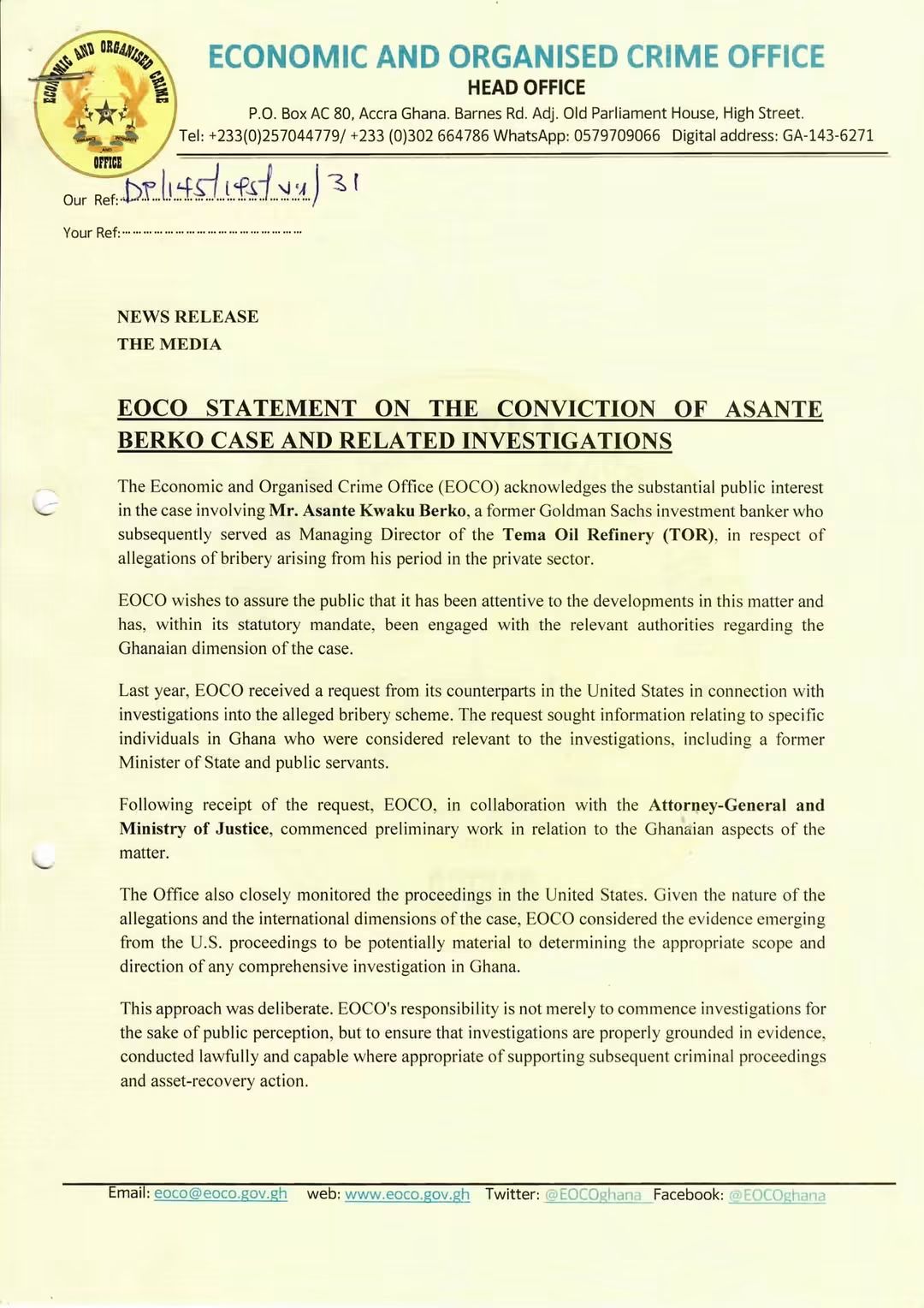 EOCO Intensifies Probe Into Asante Berko Case, Vows Asset Recovery