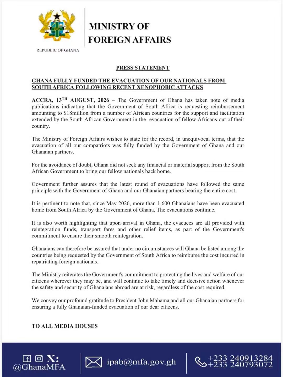 Governmrnt Fully Funded Evacuation of Nationals from South Africa, Rules Out Reimbursement Claims